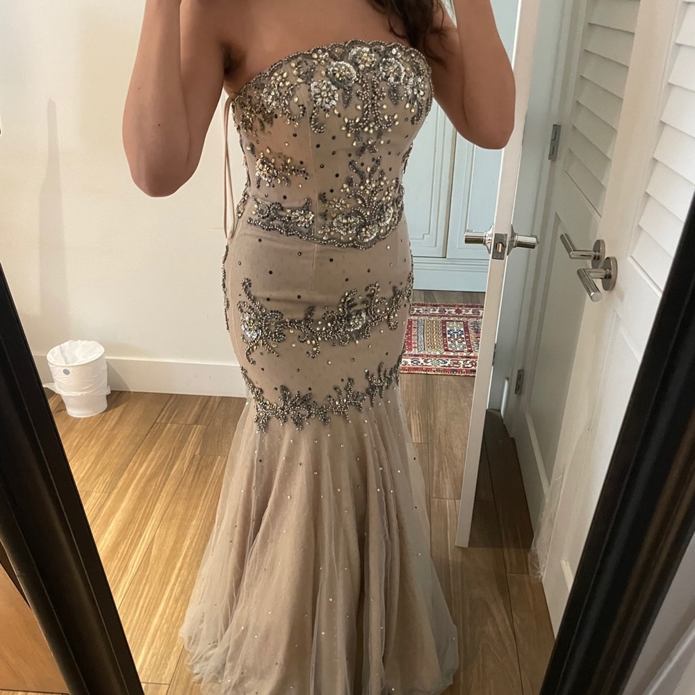 Couture Champagne and Silver Sequined Gown Boutique